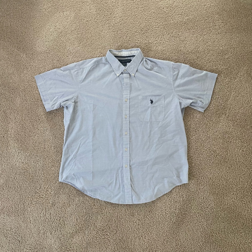 US Polo Assn Shirt Men's XL Blue White Stripped Button Up Short Sleeve Cotton